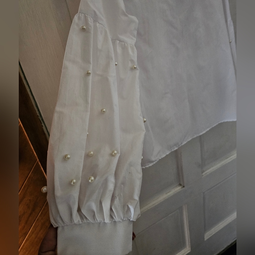 Zara Basic Edition Pearl Balloon Sleeve White Button-down Shirt Sz XS - Picture 5 of 7